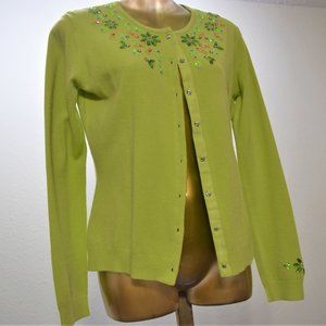 Lime Green Sweater Beaded Rhinestones Button Up